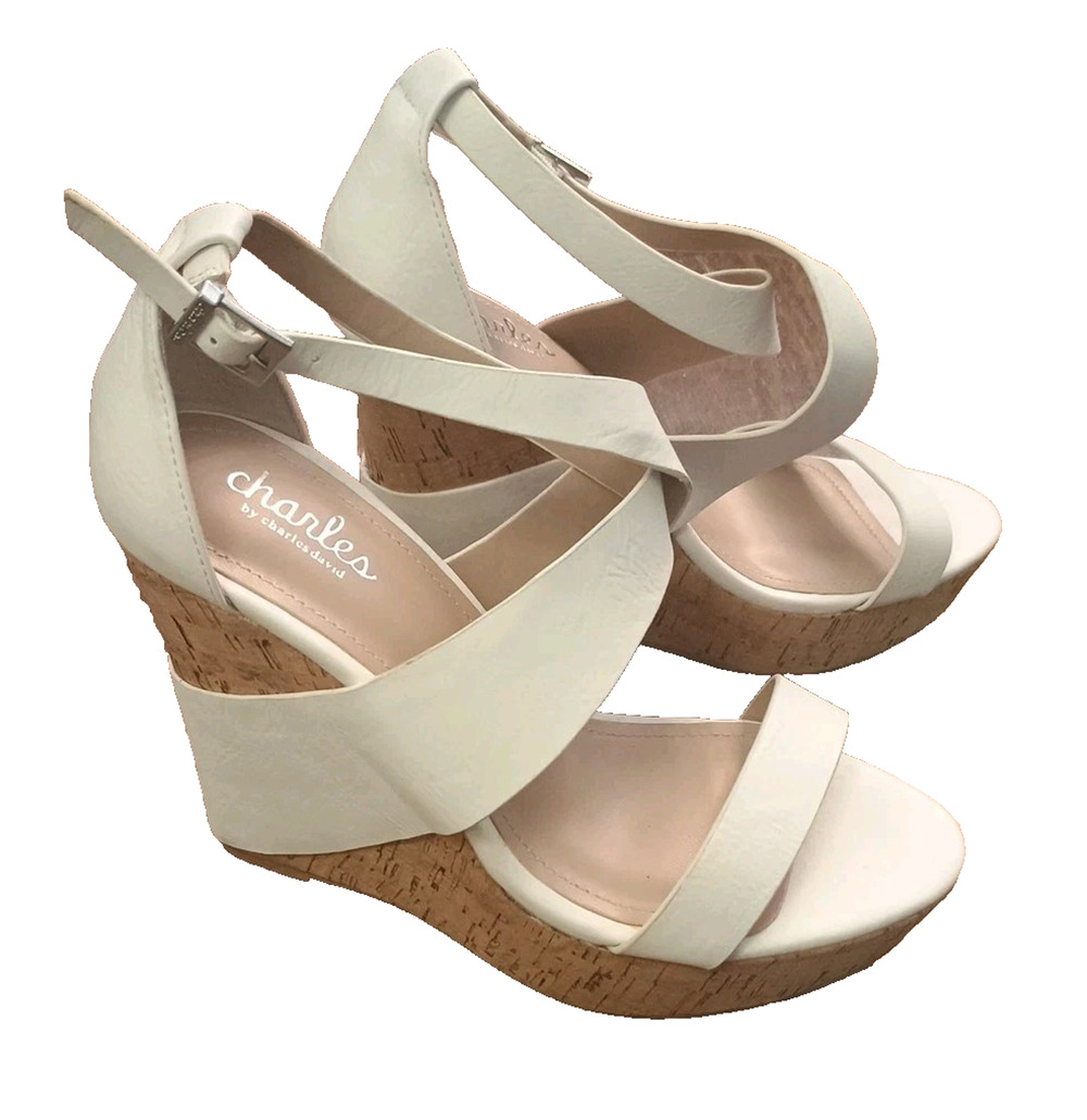 CHARLES by David Atlantis 4.75" Wedge Sandals White Cork Platform Sexy sz 8.5